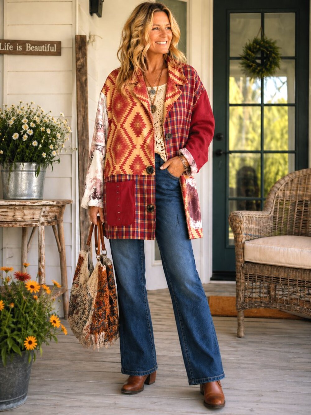Patchwork Tapestry Coat Handmade Lined Southwestern Aztec Patch Jacket M - L